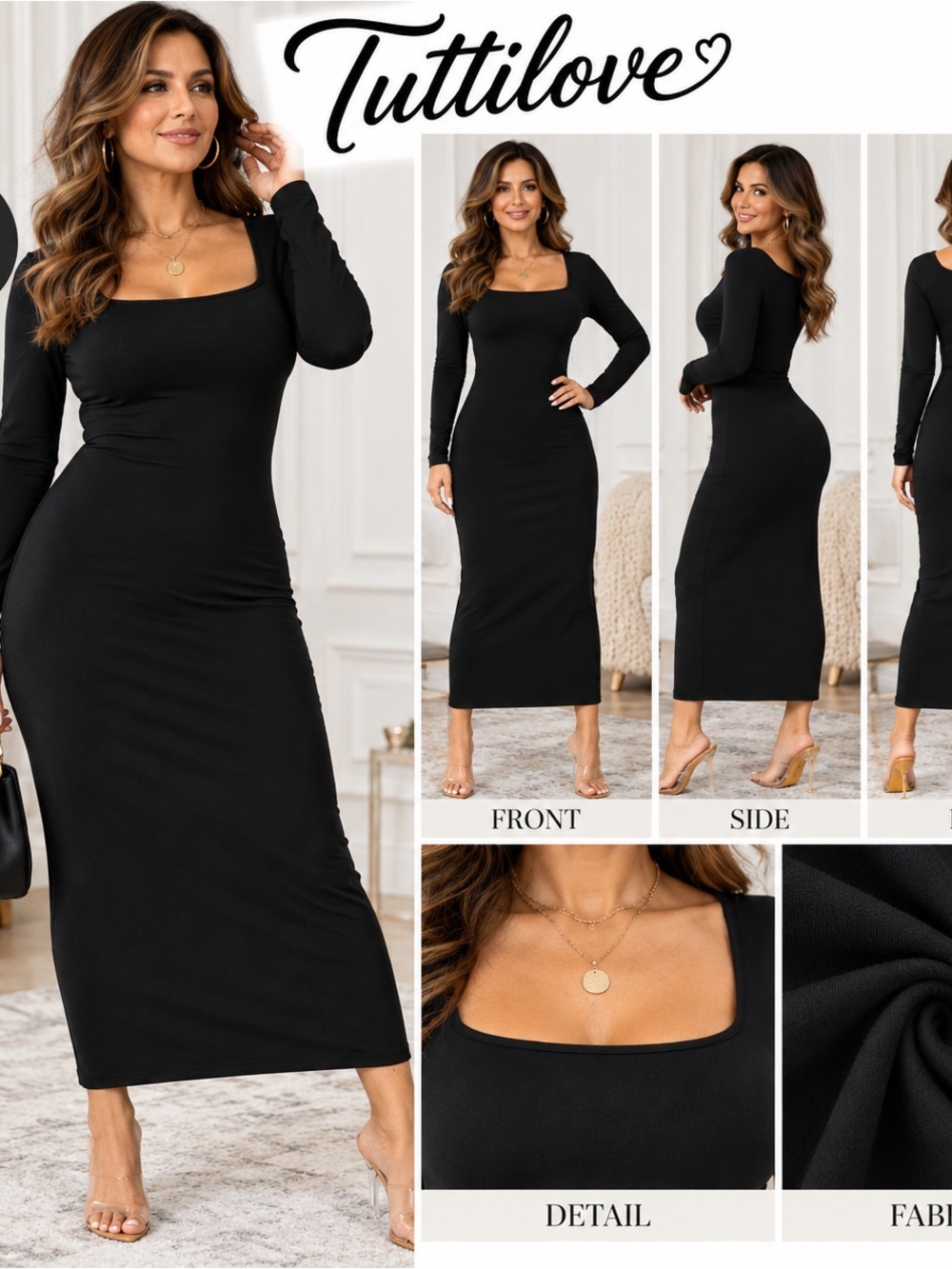Black Square Neck Long Sleeve Midi Dress